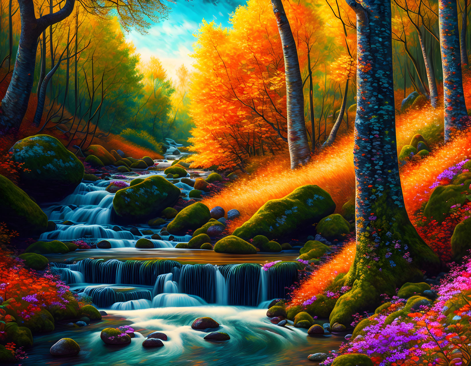 Scenic autumn forest with colorful trees and stream