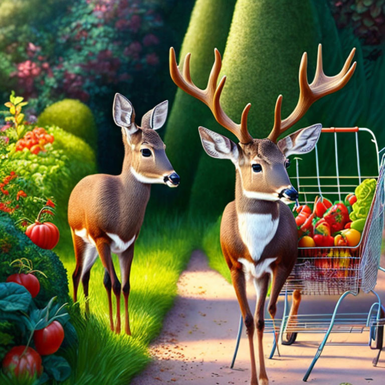 Male deer with antlers pushing shopping cart in vibrant garden scene