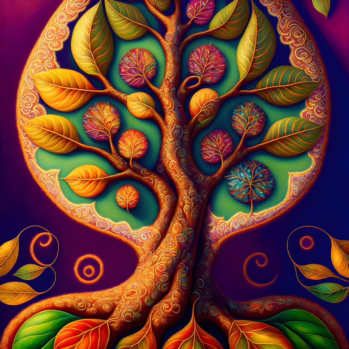 Colorful Tree Artwork with Intricate Patterns on Warm Leaves