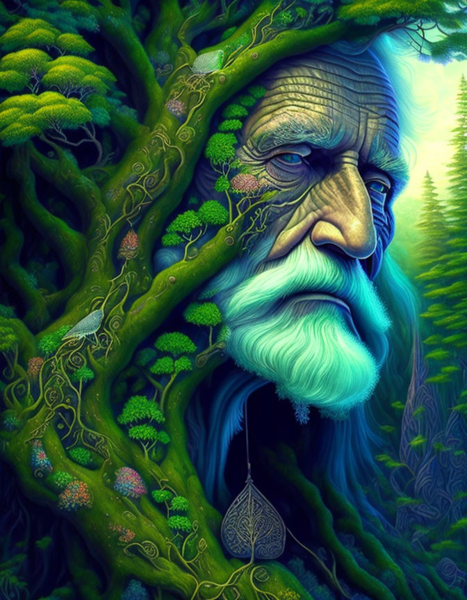 Elderly face merged with tree, lush green foliage, blue beard