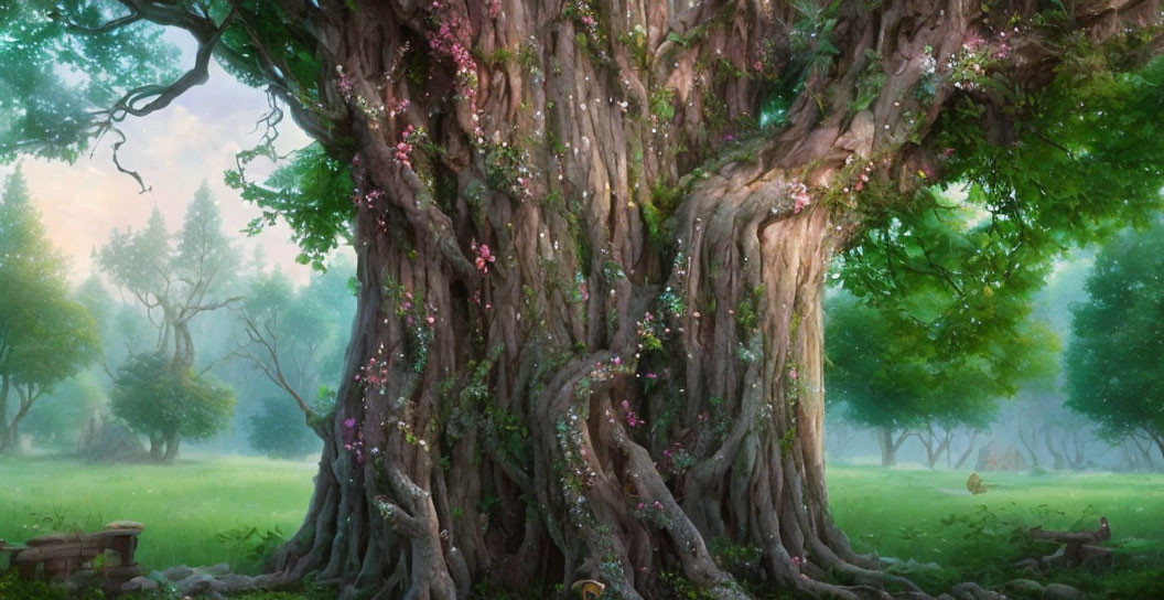 Ancient tree with thick trunk and pink blossoms in serene forest clearing