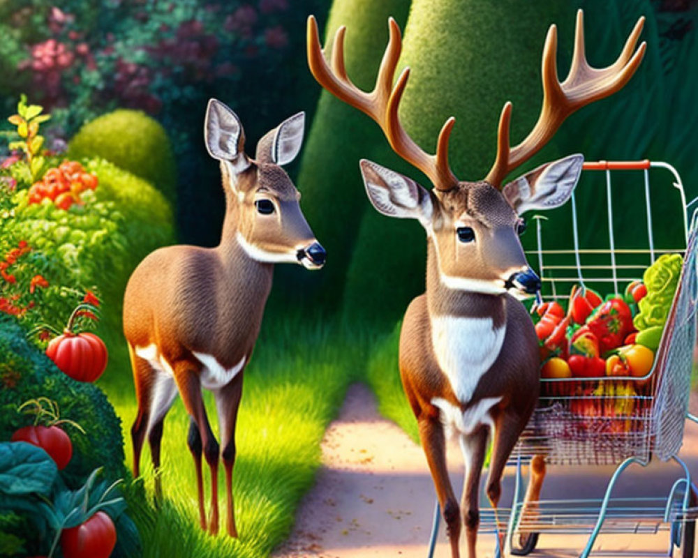 Male deer with antlers pushing shopping cart in vibrant garden scene