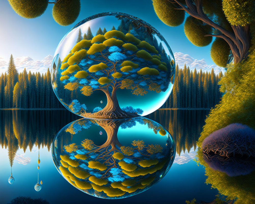 Surreal landscape with crystal ball, inverted tree, lake, forest, and blue sky