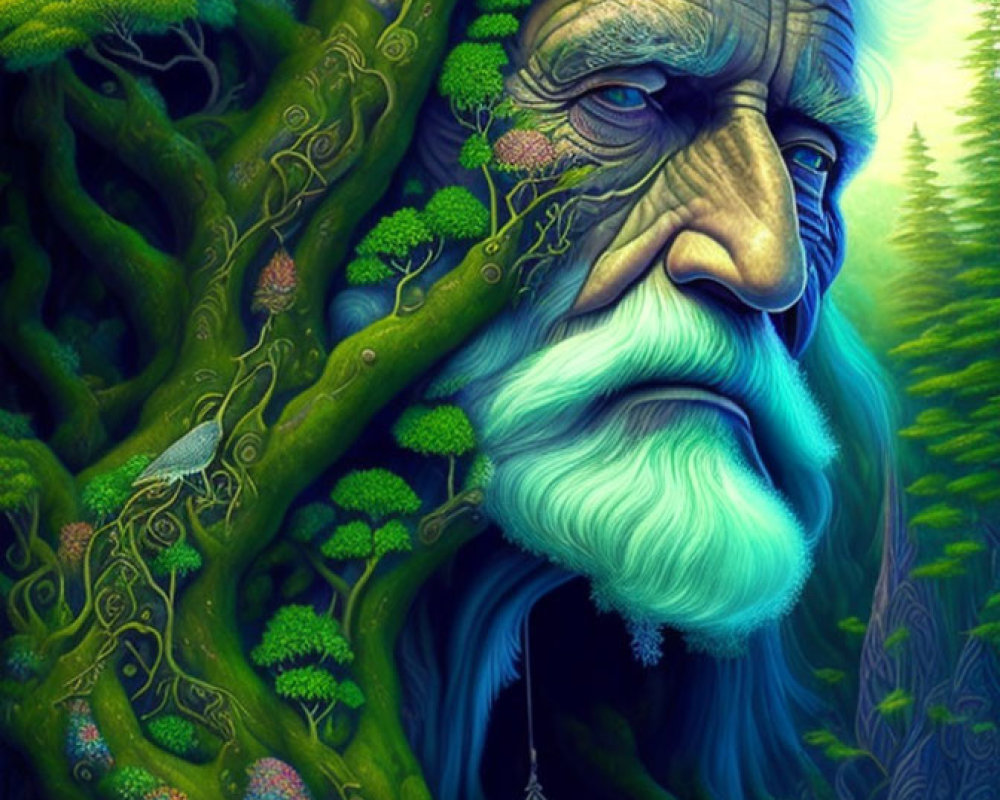 Elderly face merged with tree, lush green foliage, blue beard