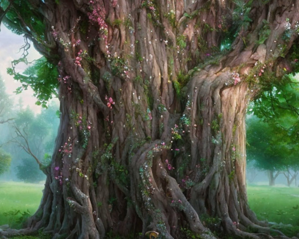 Ancient tree with thick trunk and pink blossoms in serene forest clearing