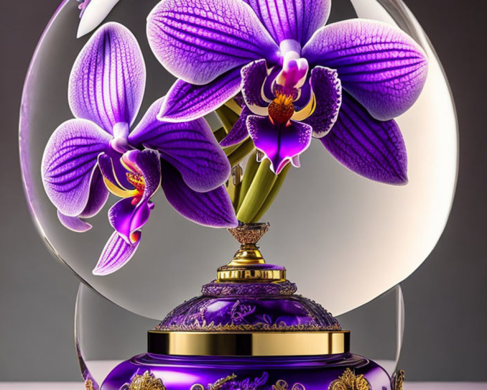 Digital Artwork: Glass Orb with Purple Orchids on Ornate Base