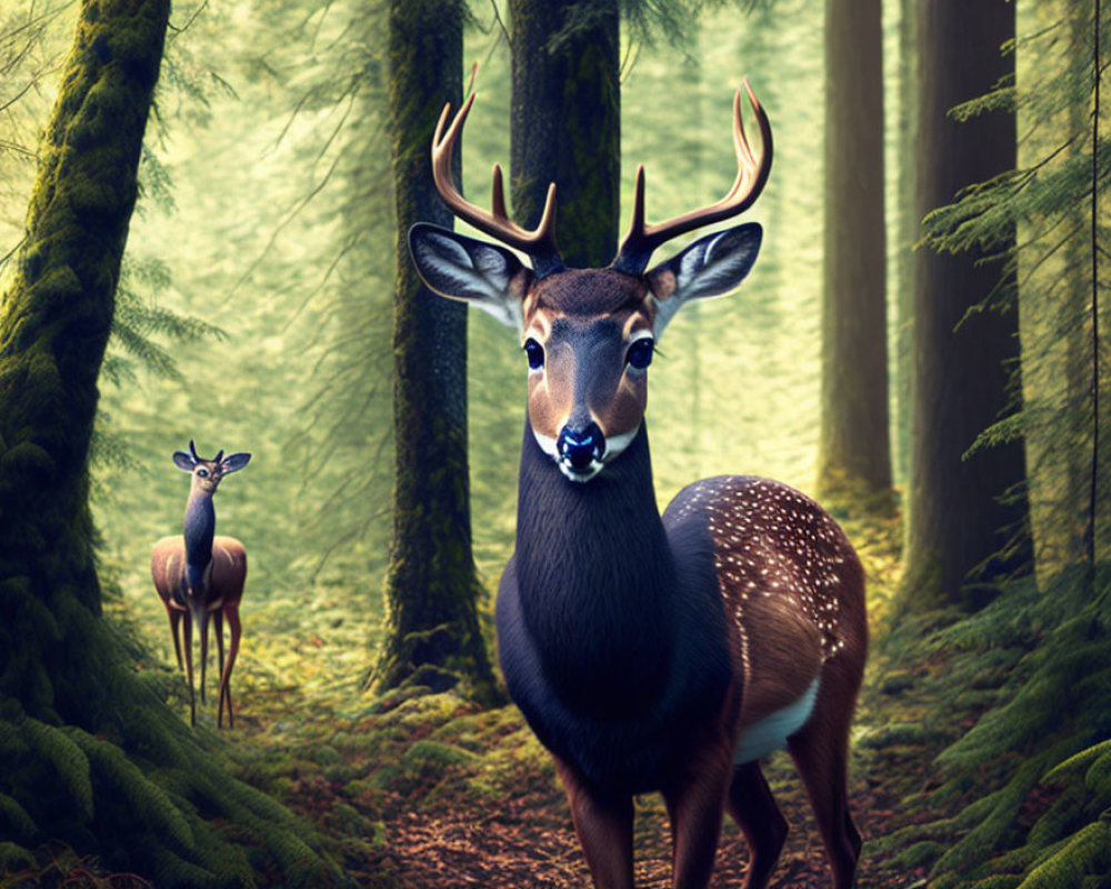 Majestic deer with prominent antlers in misty forest landscape