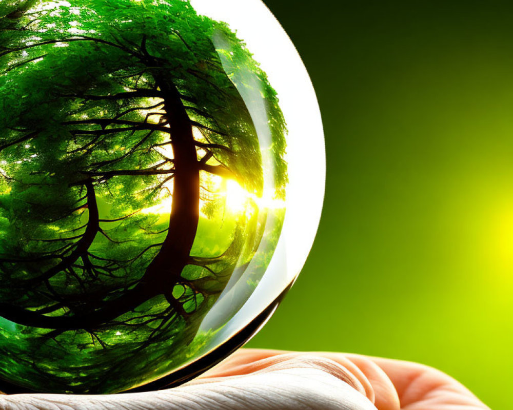 Transparent Sphere Reflecting Sunlit Green Forest Hand-held