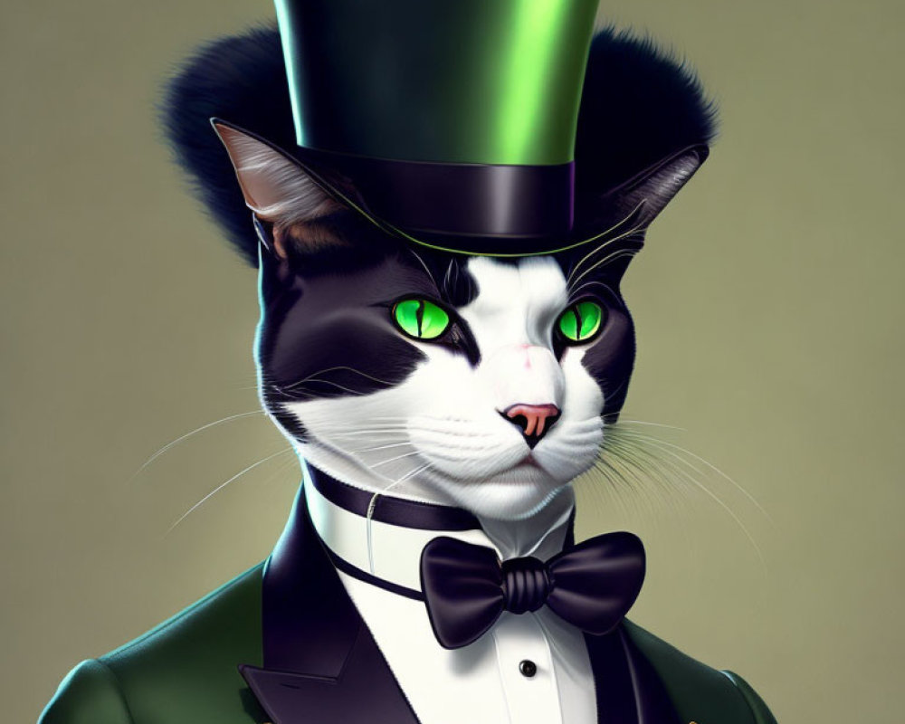 Digital artwork: Cat with human-like green eyes, wearing green top hat, bow tie, formal coat