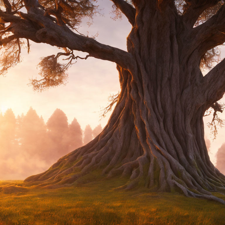 Majestic ancient tree with sprawling roots on misty hill