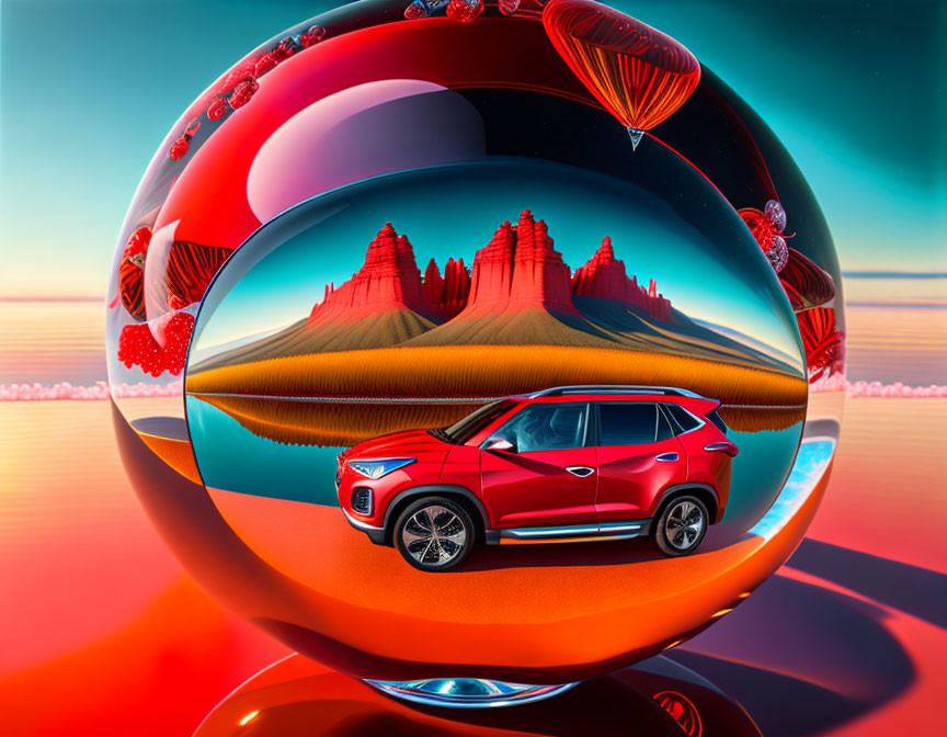 Surreal red car and reflective sphere in altered desert landscape