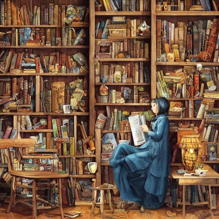 Woman in Blue Dress Reading Large Book in Cozy Room with Wooden Bookshelves