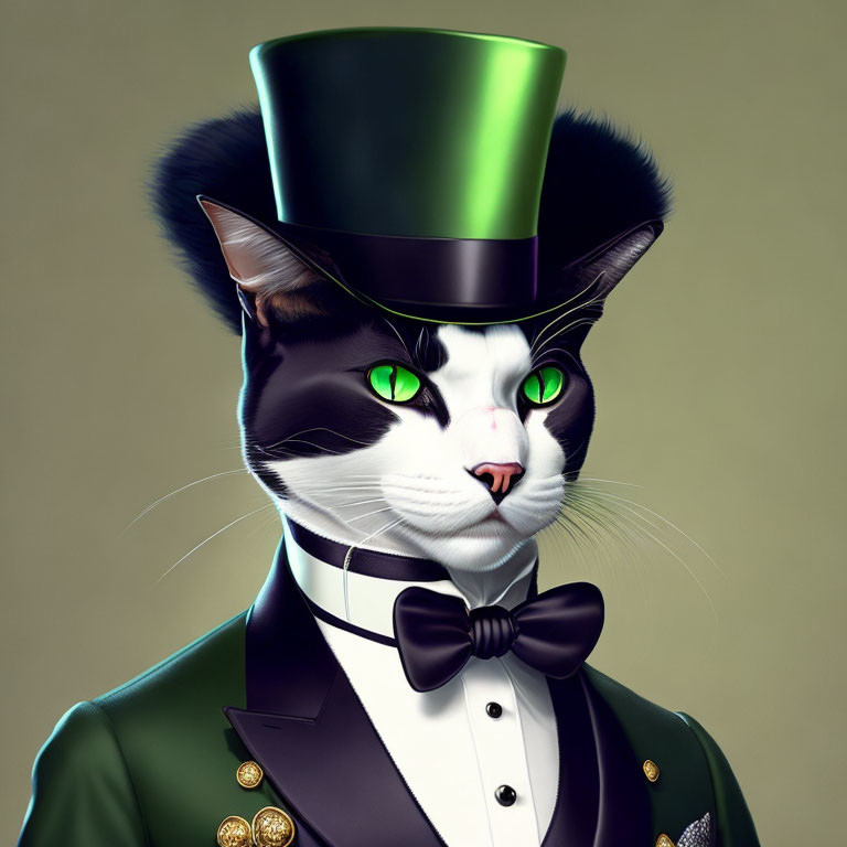 Digital artwork: Cat with human-like green eyes, wearing green top hat, bow tie, formal coat