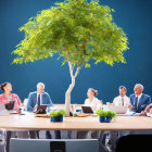 Professionals in Meeting Room with Laptops and Tree