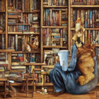 Woman in Blue Dress Reading Large Book in Cozy Room with Wooden Bookshelves