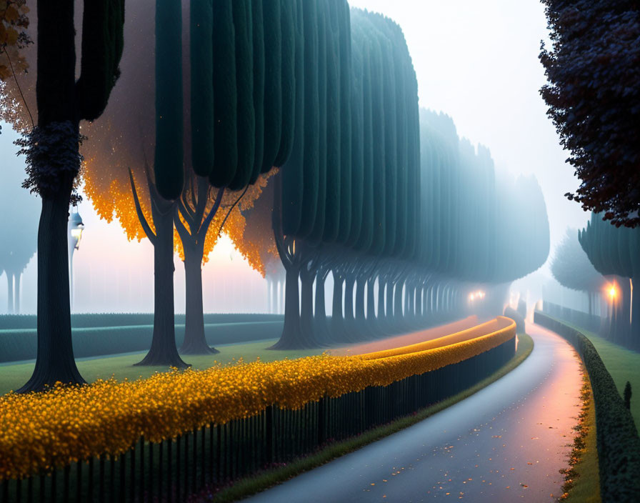 Symmetrical trees line misty park pathway at dawn.