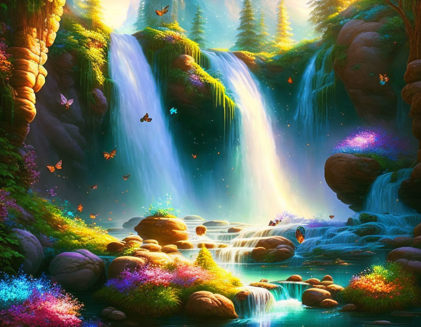 Colorful Fantasy Waterfall with Flora, Rocks, Butterflies, and Shimmering Water