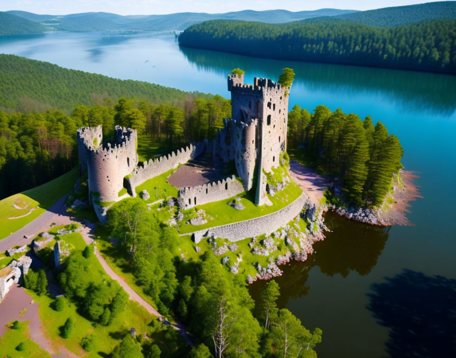 Ancient castle with tall towers near lake and forests under blue sky