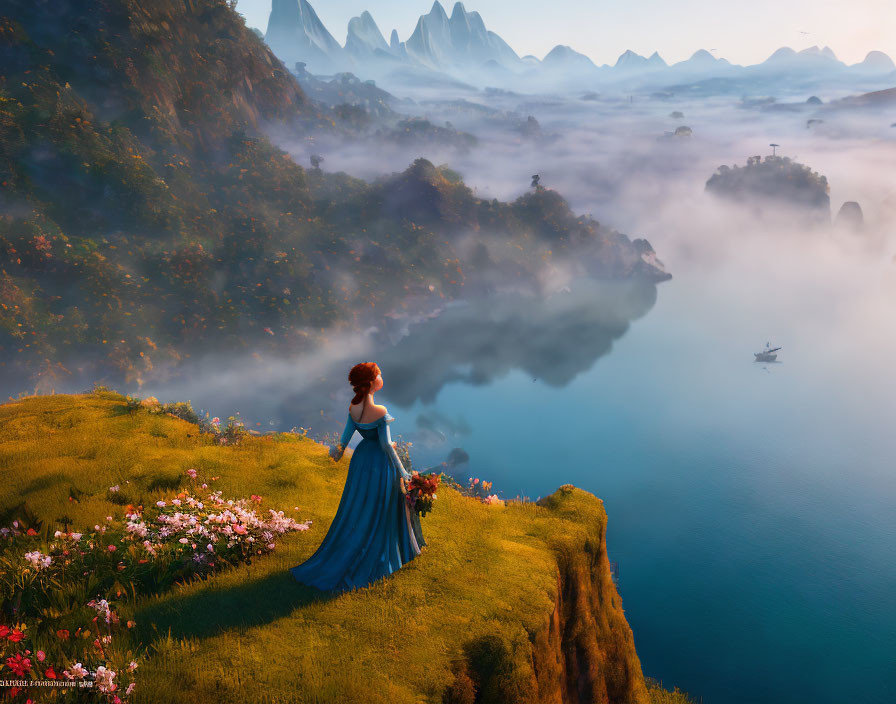 Woman in Blue Dress Overlooking Mystical Lake and Mountains