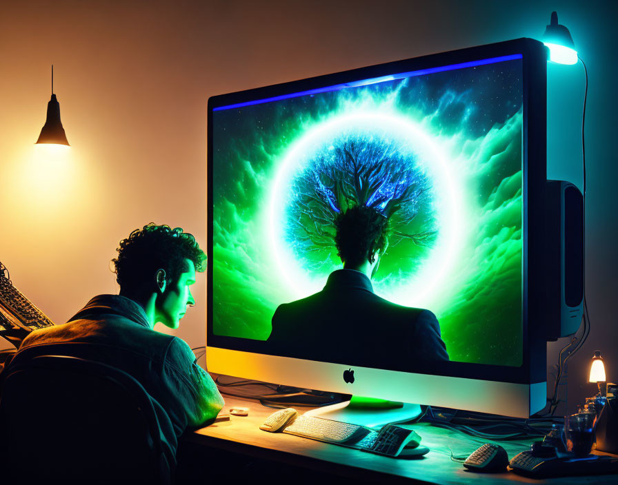 Desk scene with person viewing vibrant tree image on computer screen