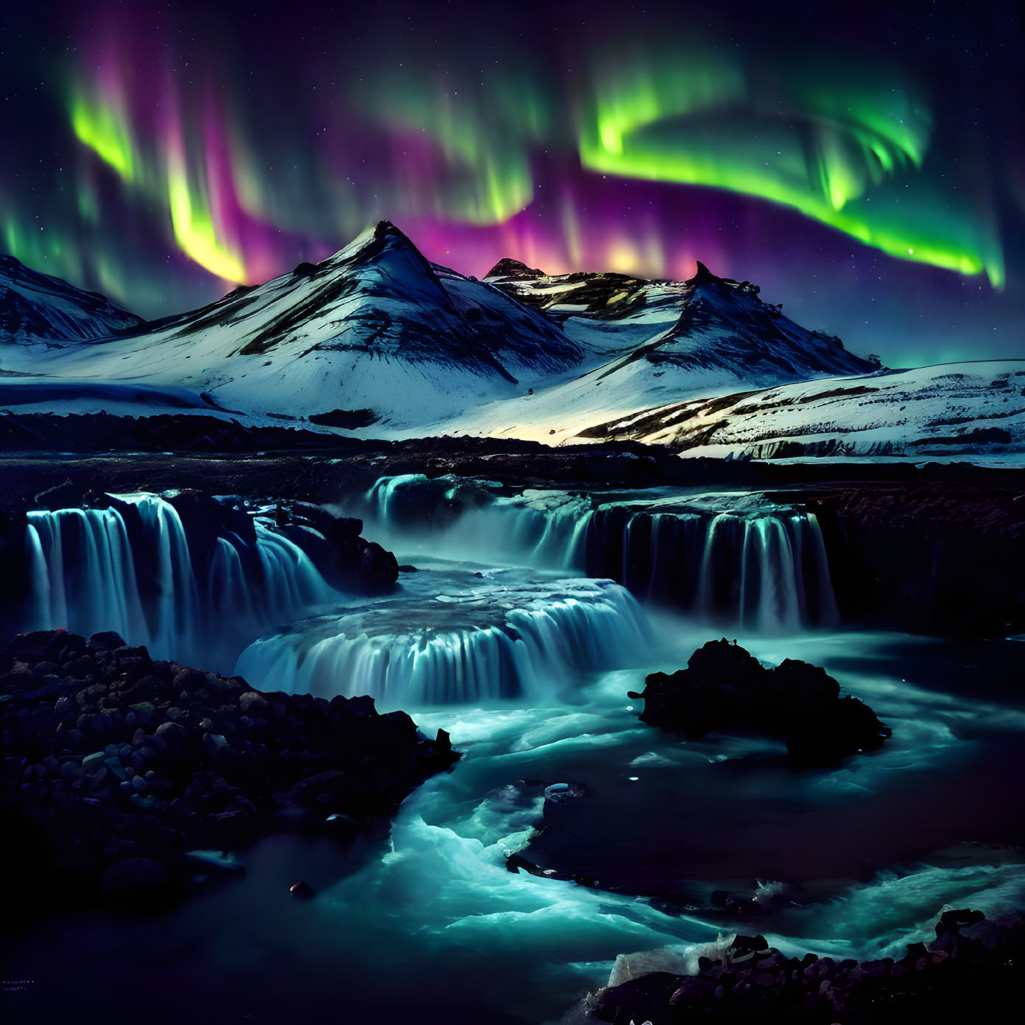 Northern Lights Shine Over Snowy Mountain and Waterfall