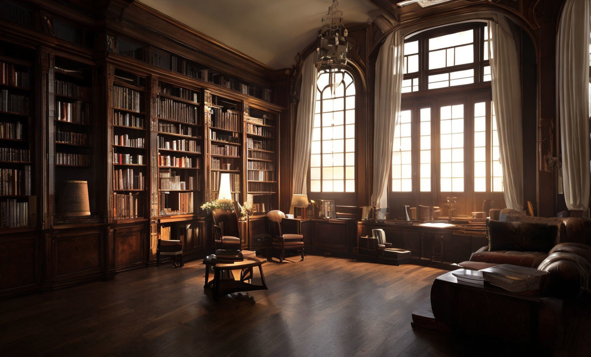 Traditional Library with Wooden Bookshelves & Cozy Seating