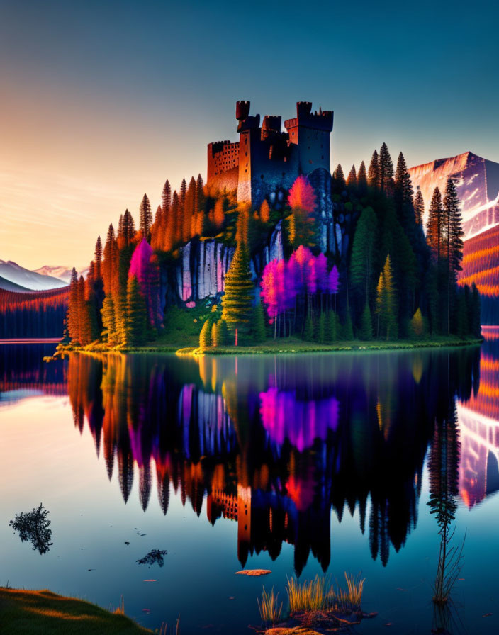 Majestic castle on rocky cliff with colorful woods and serene lake at sunset