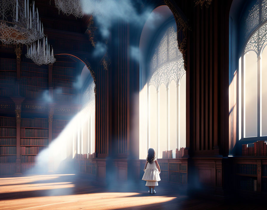 Child in grand library with tall bookshelves and sunlight beams.