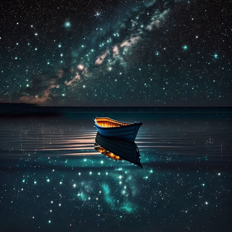 Tranquil nightscape: lone boat on still lake under starry sky