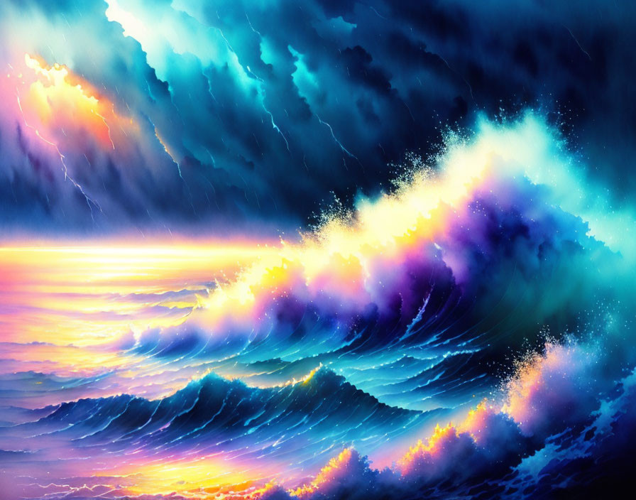 Dynamic Stormy Sea Digital Art with Colorful Waves & Lightning