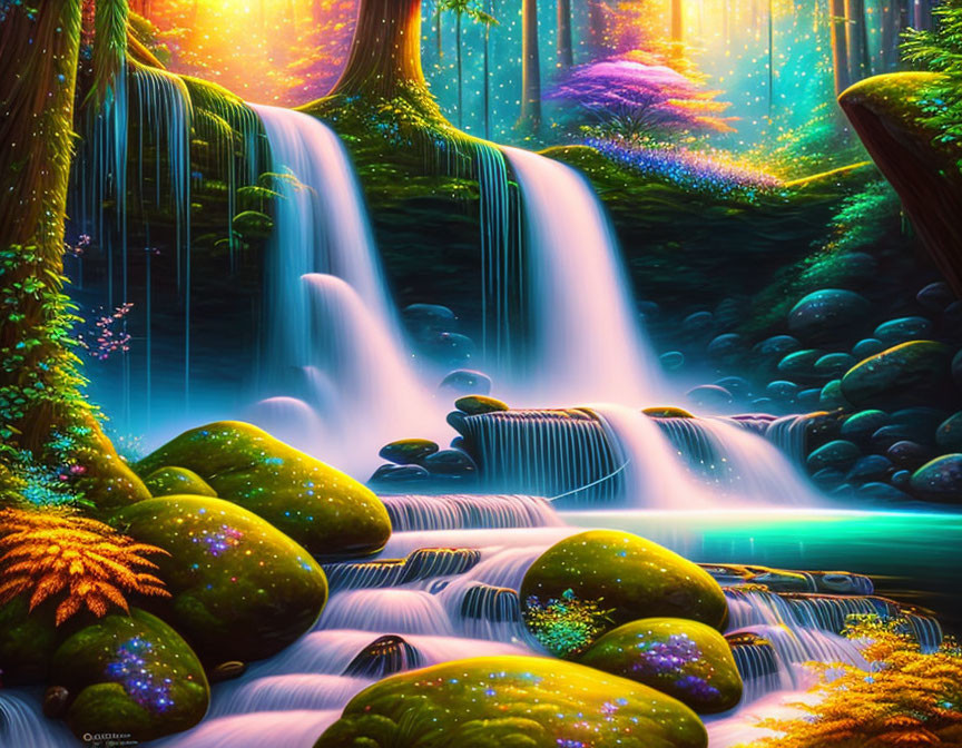 Fantastical forest with lush greenery, waterfalls, and glowing plant life