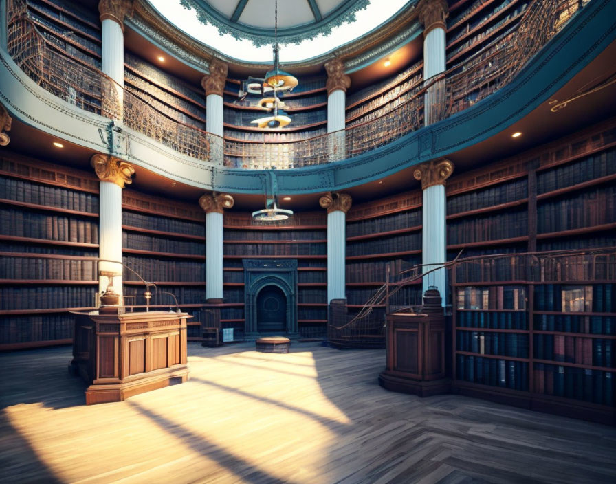 Multi-tiered circular library with wooden bookshelves and spiral staircases, featuring a central desk and