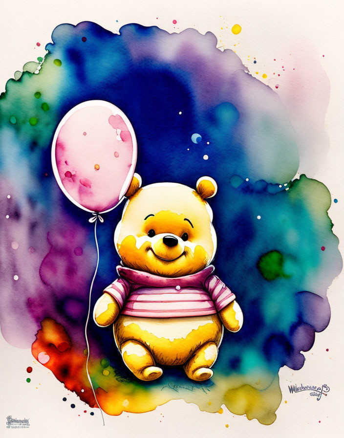 Cheerful yellow bear with pink balloon on vibrant watercolor background