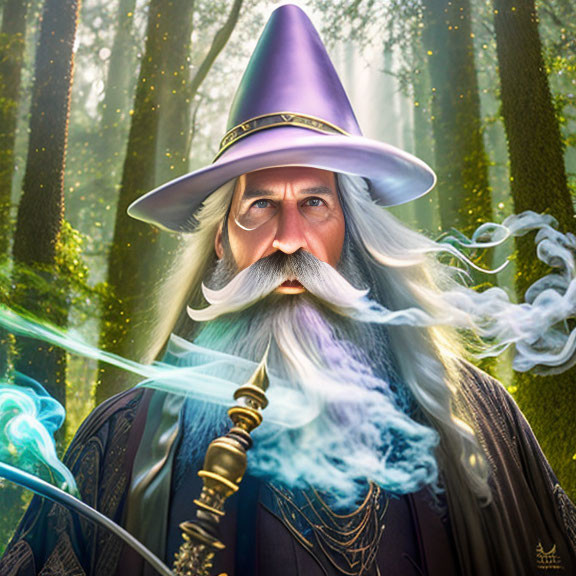 Elderly wizard with white beard and purple hat in forest with magical staff