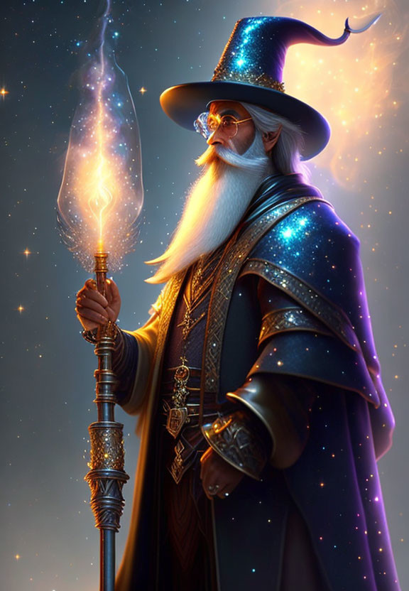 Bearded wizard in starry cloak with glowing staff amid shimmering lights