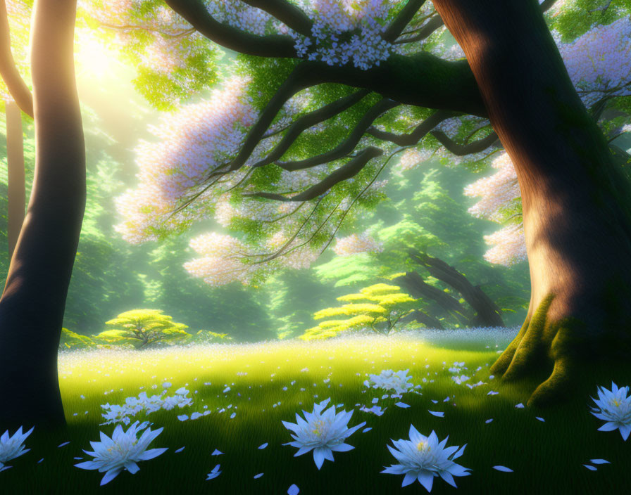 Sunlight filtering through blossom-laden trees onto a meadow with white flowers and green grass