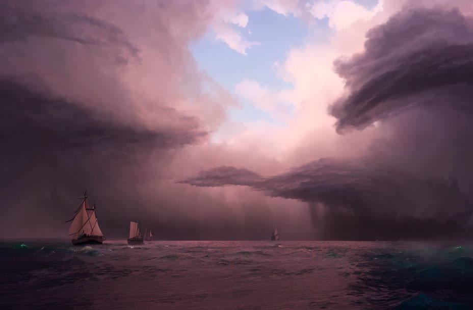 Sailboats in turbulent seas under dramatic stormy sky