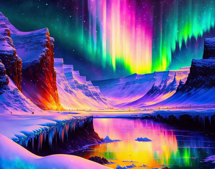 Colorful Northern Lights above snowy mountains and reflective lake