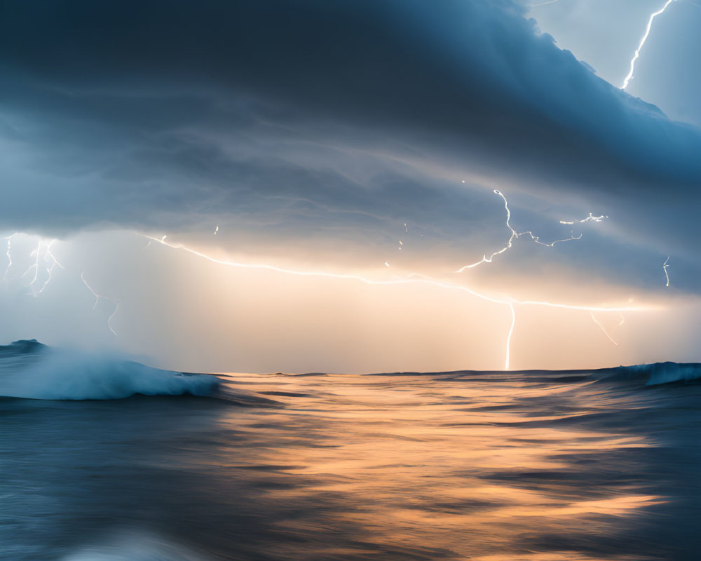 Dark storm clouds and lightning strikes over turbulent ocean waters at dusk.