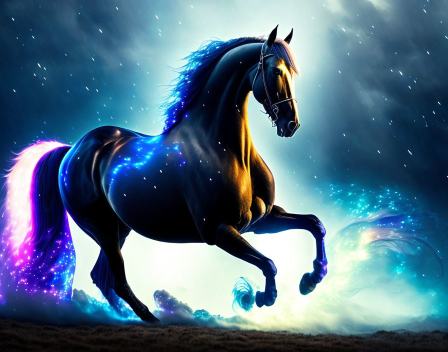 Majestic horse with glowing nebula mane and tail against starry sky