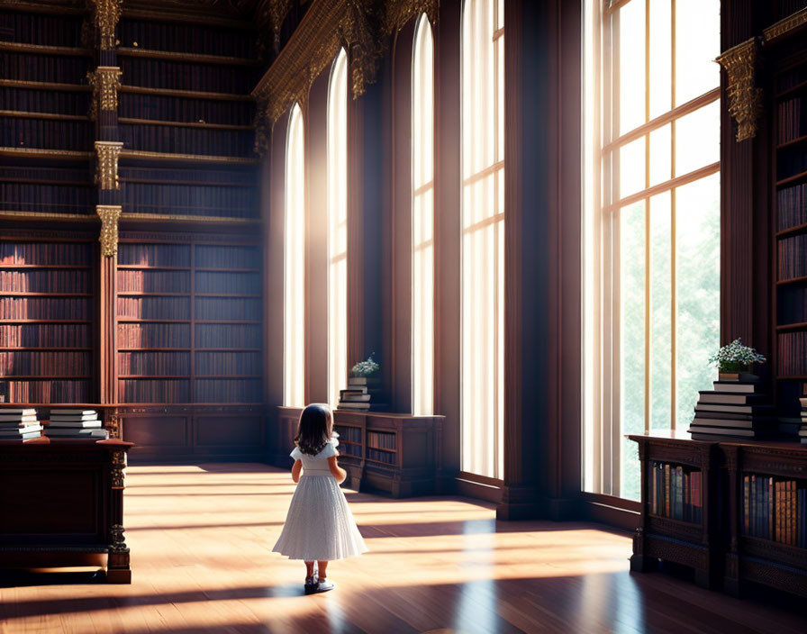 Young girl in white dress in grand library with towering bookshelves