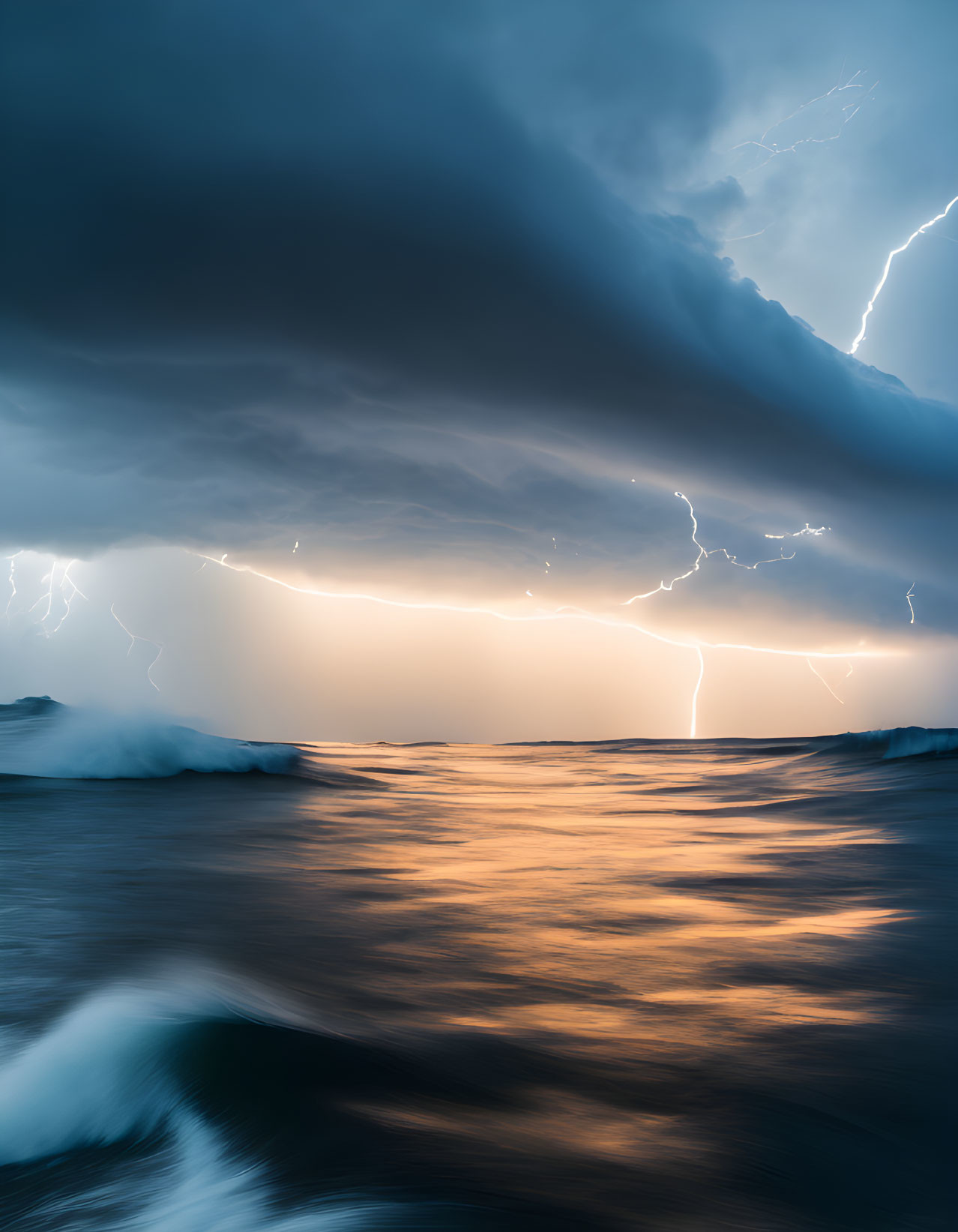 Dark storm clouds and lightning strikes over turbulent ocean waters at dusk.