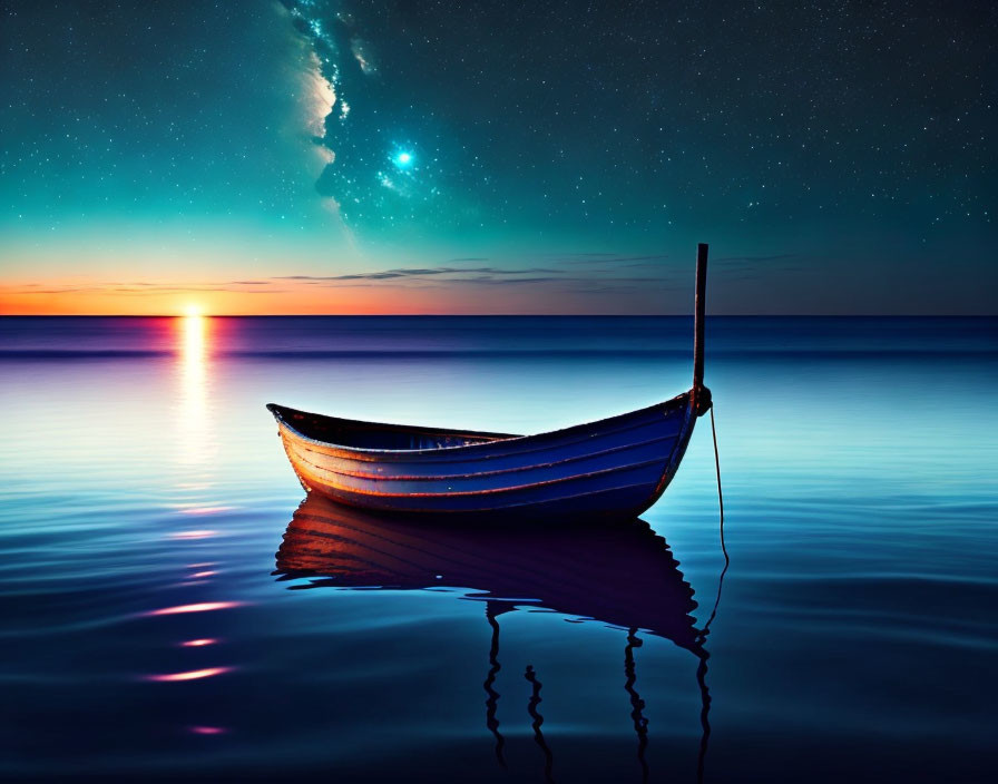 Boat on Calm Waters at Sunset with Stars and Galaxy in Night Sky