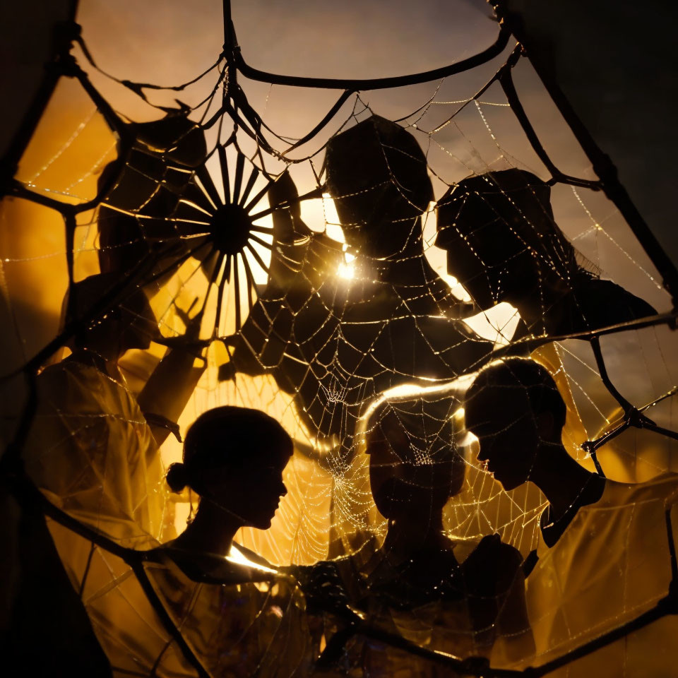 Sunlit silhouettes in spider-web pattern under warm glow