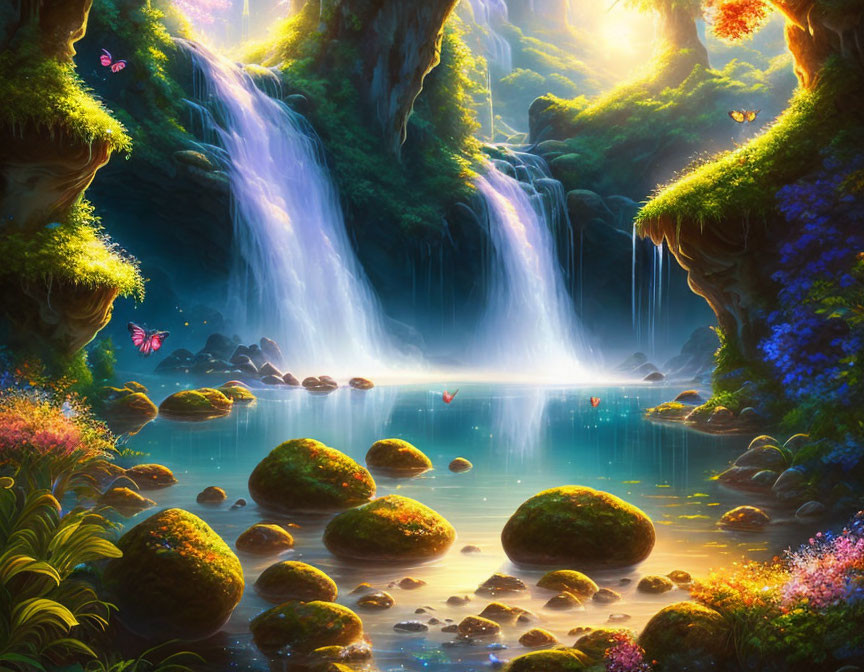 Tranquil fantasy landscape with twin waterfalls and lush greenery