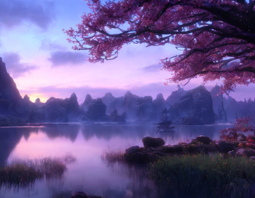 Tranquil landscape with pink cherry blossoms and reflecting water at sunrise or sunset