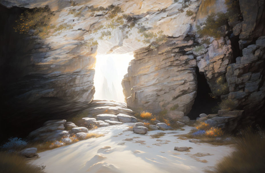 Sunlit Cave Entrance with Tranquil Atmosphere