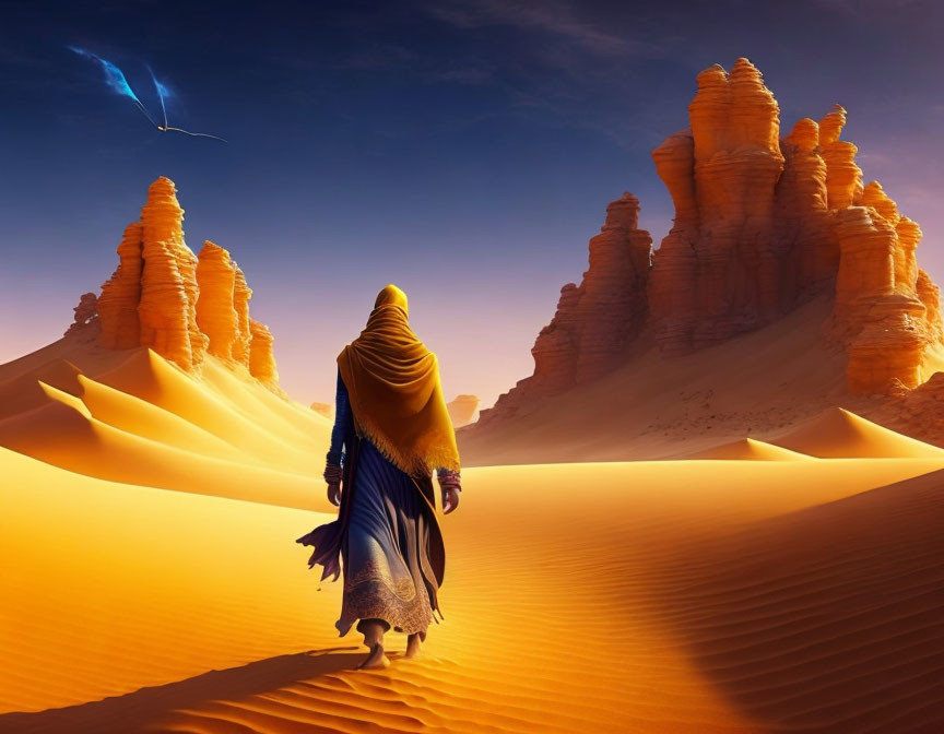 Person in traditional robes walking towards sandstone formations in desert dusk.