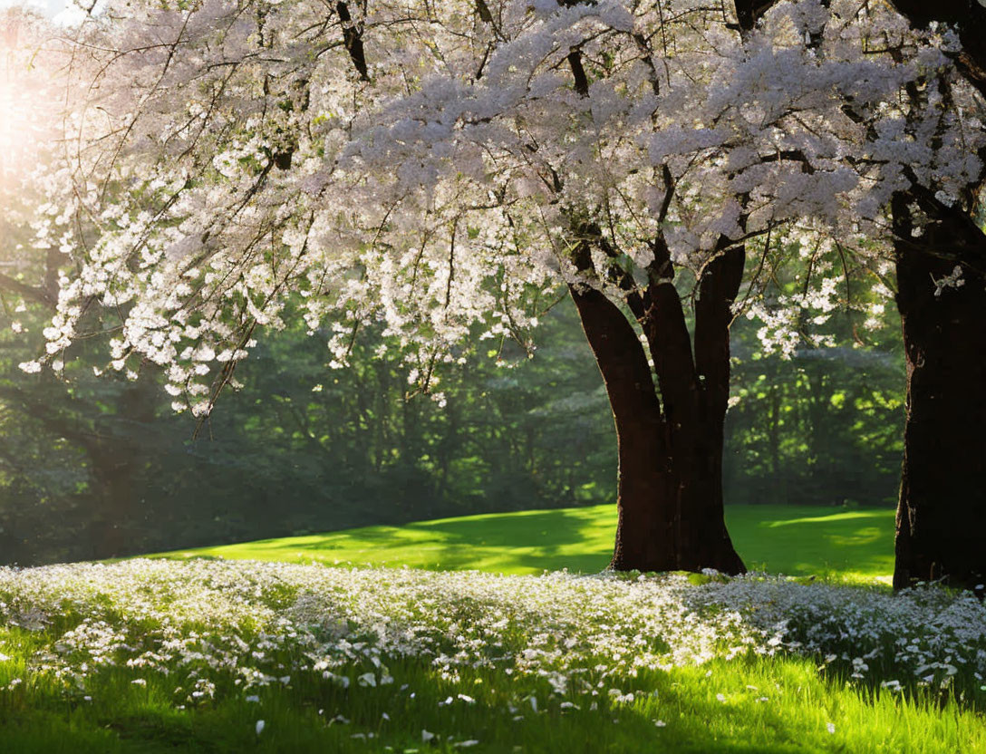 Cherry Blossom Trees in Full Bloom Over Green Field