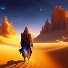 Person in traditional robes walking towards sandstone formations in desert dusk.